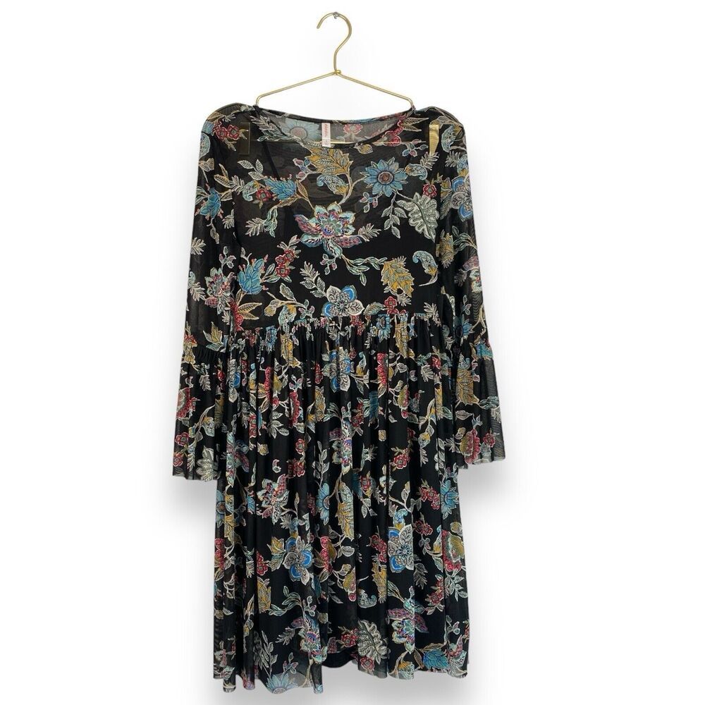 Xhilaration Black Floral Mesh Long Sleeve Tiered‎ Midi Dress Women's Small 576